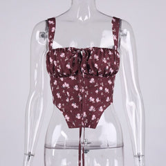 Black Floral Corset Women Summer Sexy Backless Boned Lace Up Crop Top Party Casual Wear Prairie Chic Print Tops  New