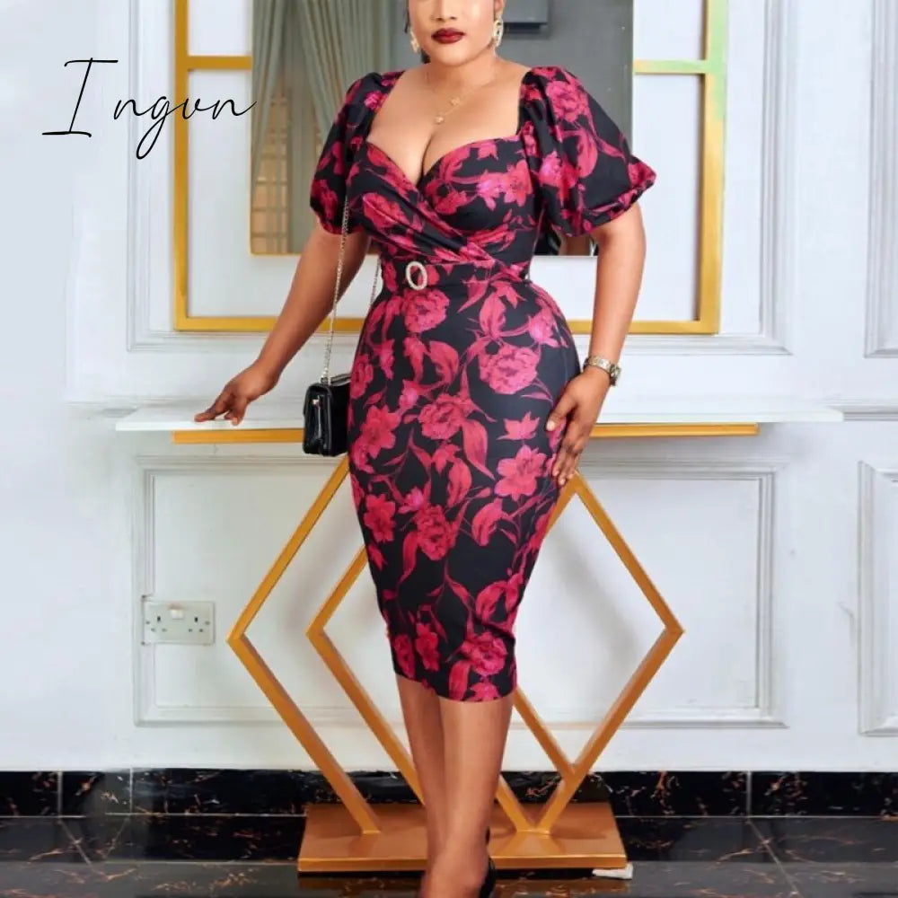 Ingvn - Women Summer Printed Bodycon Dresses Puff Short Sleeve Wrapped High Waist Fitted Midi Dress with Belt Office Party Clothes