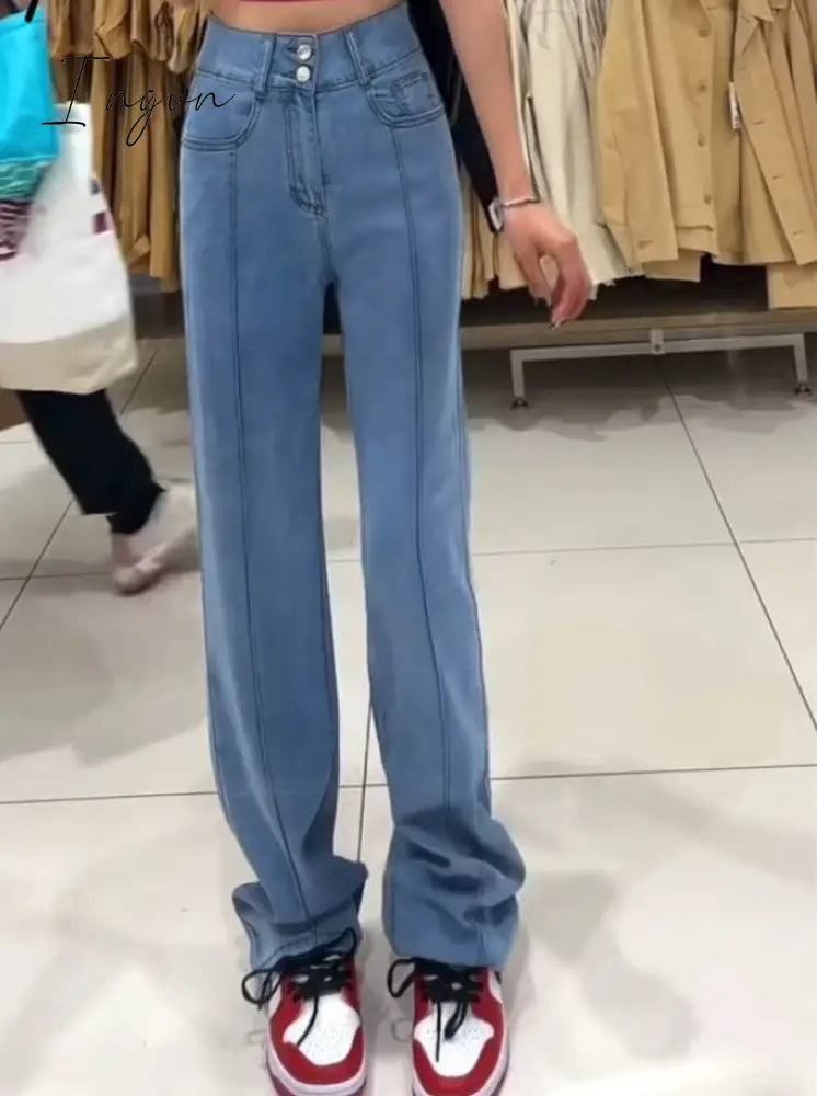 Ingvn - Vintage Jeans for Women 2023 New High Waisted Korean Fashion 2 Button Slim Straight Jeans Streetwear Chic Casual Jeans