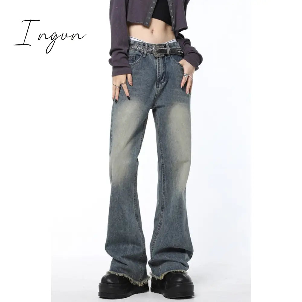 Ingvn - Vintage Blue High Waist Women Jeans Stars American Fashion Streetwear Wide Leg Jean Female Trouser Straight Baggy Denim Pants