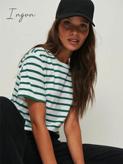 Ingvn - Ladies Loose Cotton Summer Short Sleeve O Neck Striped Basic T-Shirts Women T Shirt Casual Cozy Tee Tops Harajuku Shirt Female