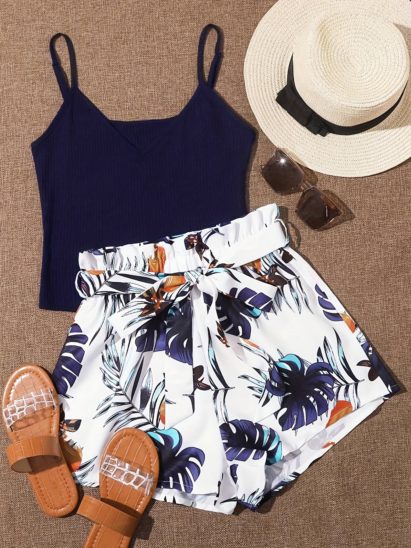 Lightweight Womens Vacation Shorts Outfit Set - Sleeveless V-Neck Cami Top with Vibrant Plants Print & Belted Paperbag Waist Loose Shorts - Effortless Summer Style Two-Piece Ensemble