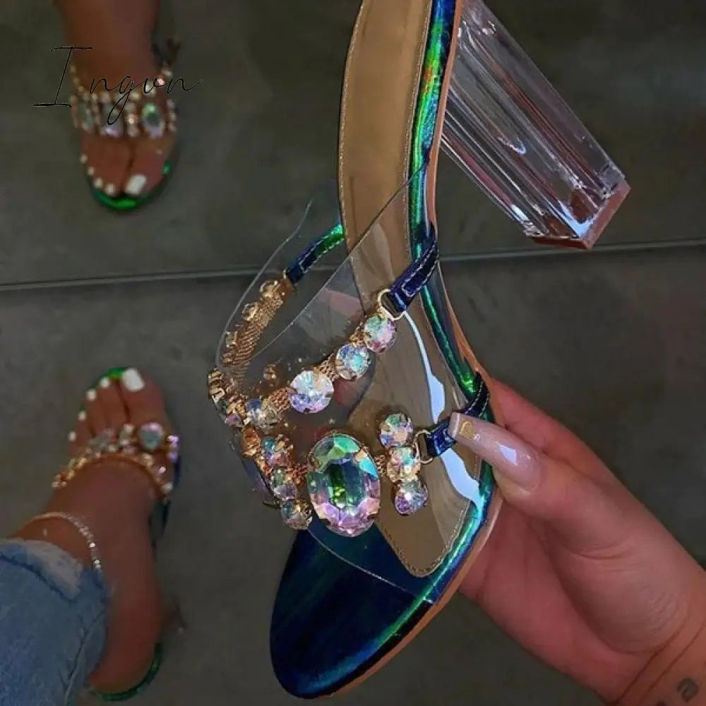 Ingvn - Rhinestone Chunky Heel Slip-On Flip Flop Pvc Slippers
