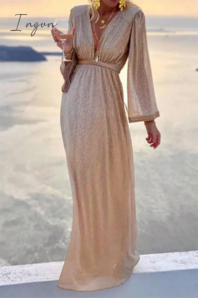 Ingvn - Fashion Elegant Solid Patchwork Fold V Neck Evening Dress Dresses(4 Colors)