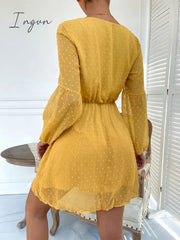 Ingvn - V-Neck Balloon Sleeve Swiss Dot Mini Dress