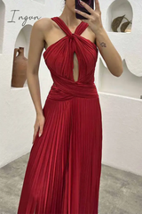 Ingvn - Elegant Solid Fold Halter Evening Dress Dresses