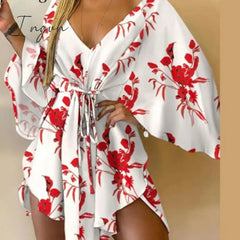 Ingvn - Sexy V-Neck Women Mini Dress Casual Leaf Leopard Print Harajuku Batwing Sleeve Dress Lady Elegant Lace-Up Irregular Party Dress