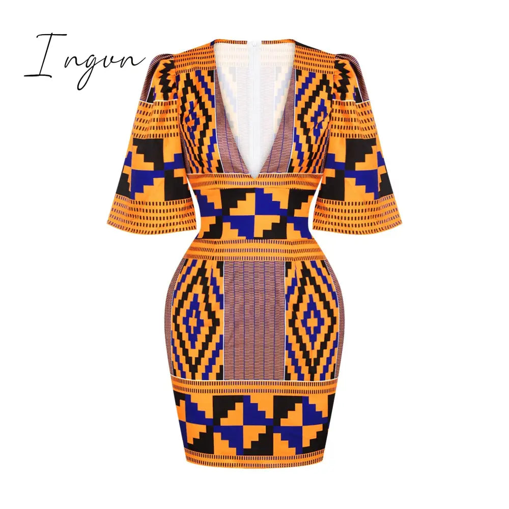 Ingvn - African Dresses for Women New Fashion Summer V-neck African Short Sleeve Printing Dress African Women Clothes