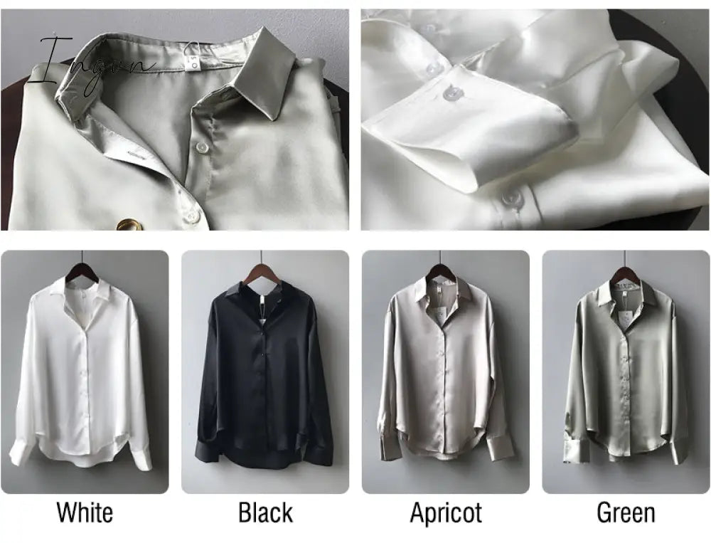 Ingvn - Silk Korean Office Ladies Elegant Shirt Blouse Women Fashion Button Up Satin Shirt Vintage White Long Sleeve Shirts Tops 11355