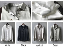 Ingvn - Silk Korean Office Ladies Elegant Shirt Blouse Women Fashion Button Up Satin Shirt Vintage White Long Sleeve Shirts Tops 11355