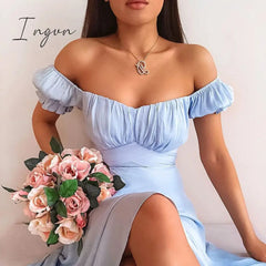 Ingvn - Short Sleeve Bodycon Beach Dresses High Waist A-line Ladies Party Vestidos Elegant Solid V-neck Summer Women Dress