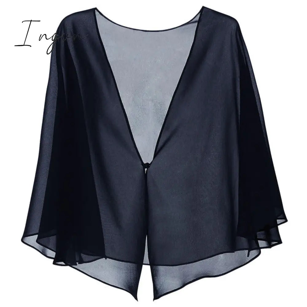 Ingvn - Womens Fashion Women Black Chiffon Bolero Prom Party V-neck with Button Shrug Elegant Simple Soft Casual Cape for Lady Evening Dress Red White