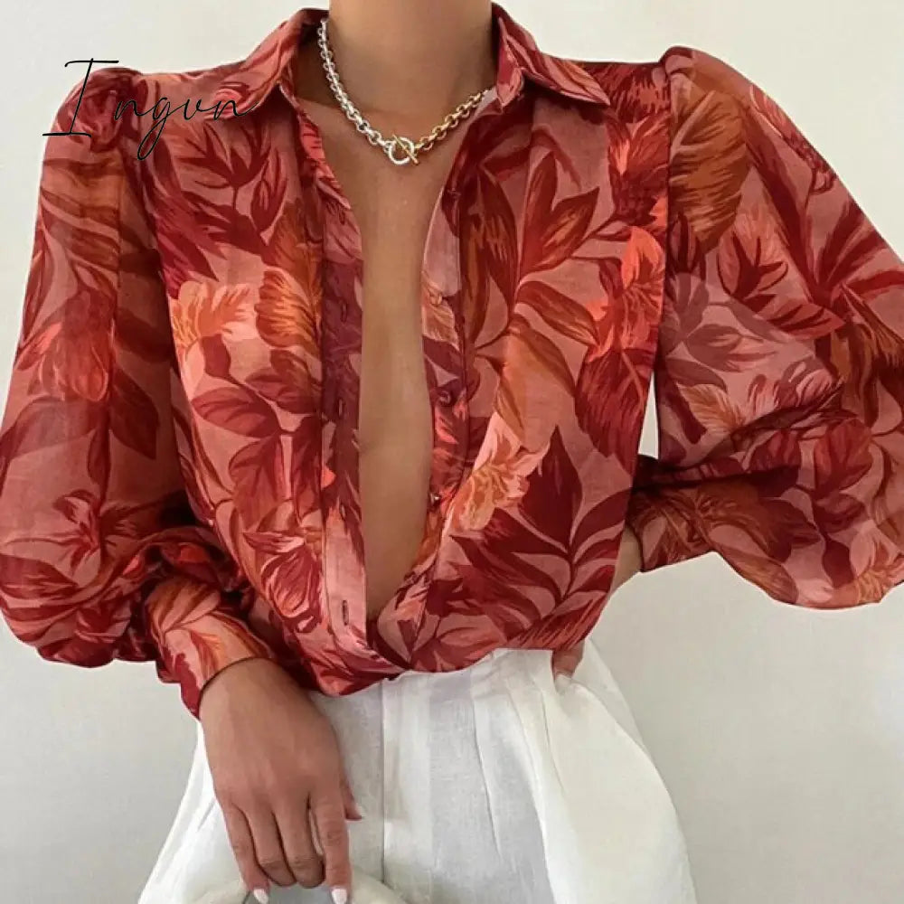 Ingvn - Spring Fashion Women Shirt Lantern Long Sleeves Casual Solid Color Printed Slim Buttons V Neck Blouse Commute High Street Shirts