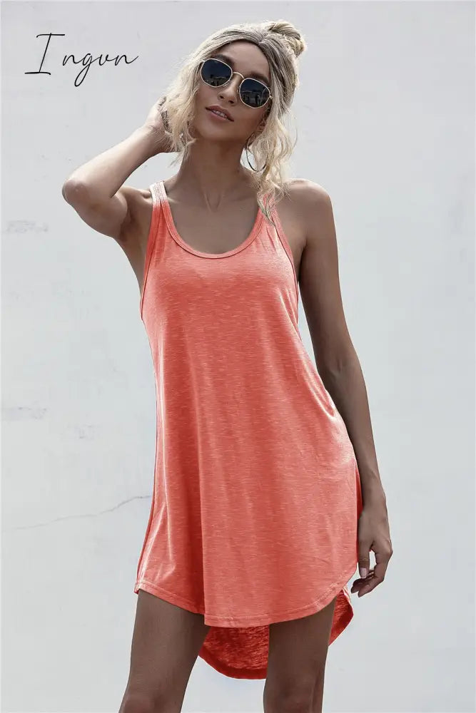 Ingvn - Solid Casual O-neck Sleeveless Tank Dress Women Loose Off Shoulder Asymmetrical Cotton Mini Dress