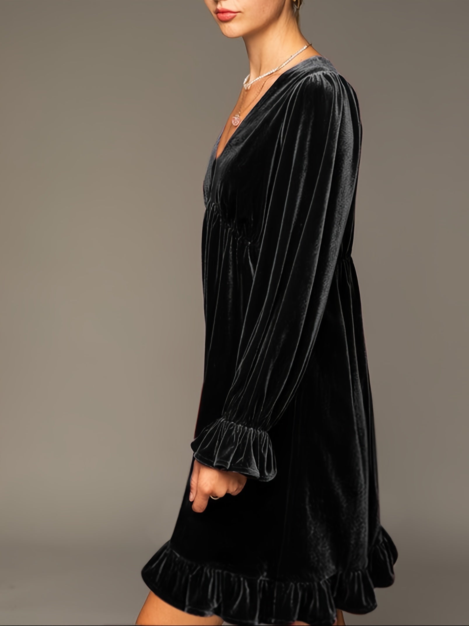 V Neck Velvet Dress For Women Long Sleeve Ruffle Midi Dress Wedding Party Dress With Pockets