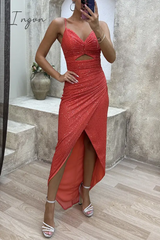 Ingvn - Sexy Party Solid Sequins Sequined V Neck Irregular Dress Dresses