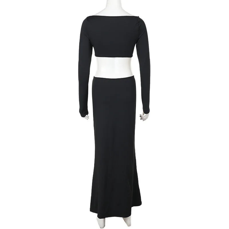 Hollow Out Long Sleeve Sexy Maxi Dress For Women Black Solid Backless Bodycon Club Party Sexy Long Dress Elegant