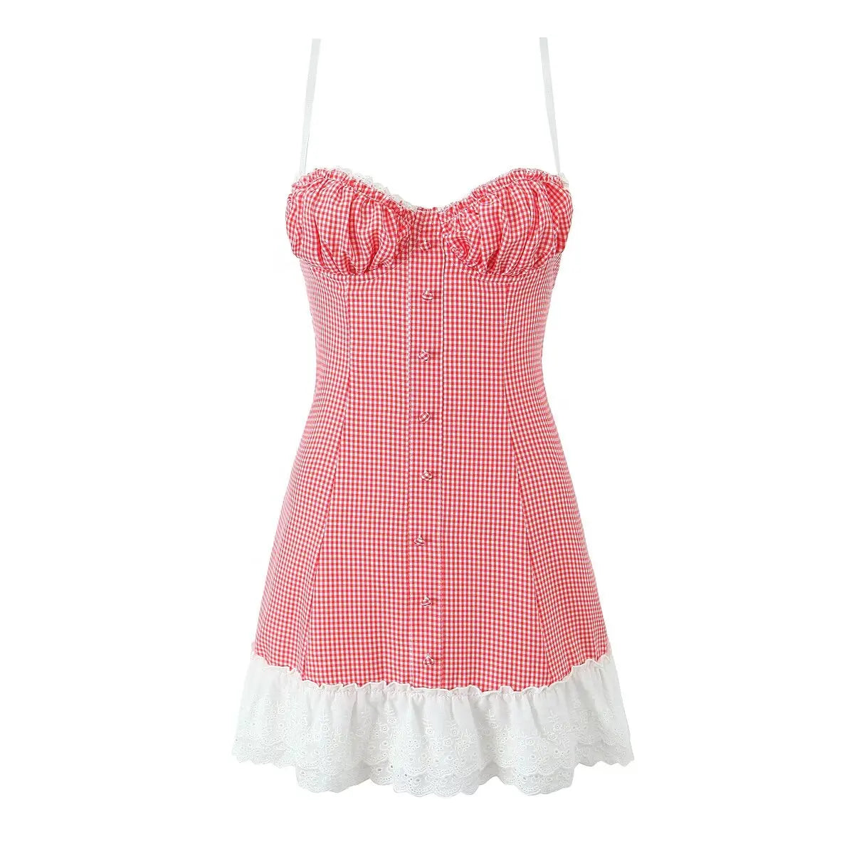 Summer Women White Patchwork Red Plaid Sling Mini Dress Sexy Thin Straps Lace Up Back A-line Party Dresses Holiday Robe