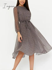 Ingvn - Summer Outfits Fashion Trends Elegant Dot Print Long Sleeve Polka Dress O Neck Chiffon A Line Women Casual Dress Vintage Midi Vestidos