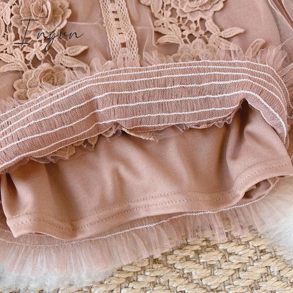 Ingvn - spring Women Mesh Tops Fashion Sexy Sheer Lace Blouse Lantern Sleeve 3D Floral Blouses Shirts Elegant Top Blusas Femininas