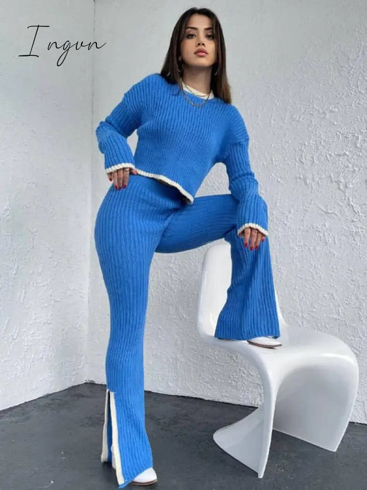 Ingvn - Clothes Outfits For Women Tracksuits Casual Tops Pants Slit Set Solid Knit Sweaters 2 Piece Matching Sets Elegant