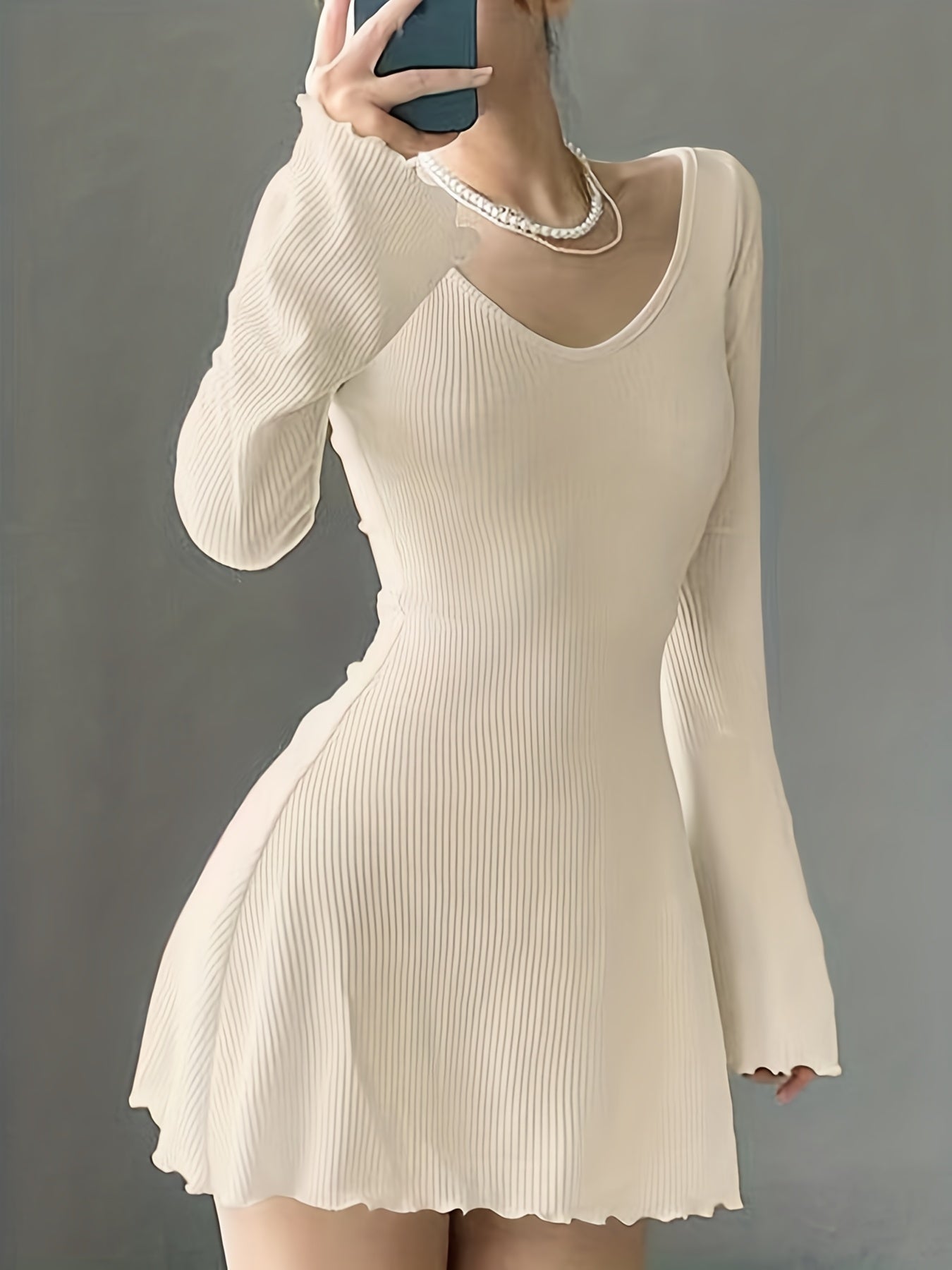 Stylish Solid Lettuce Trim Crew Neck Long Sleeve Dress - Elegant Women's Clothing for Everyday Wear - Comfortable, Relaxed Fit, Versatile, and Chic