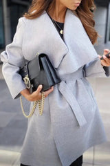 Ingvn - British Style Elegant Solid Bandage Turndown Collar Outerwear
