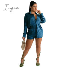 Ingvn - Women Elegant Satin Two Piece Sets Casual Feamle Solid Loose Outfits Long Sleeve Shirt And Wide Leg Straight Pants Suits