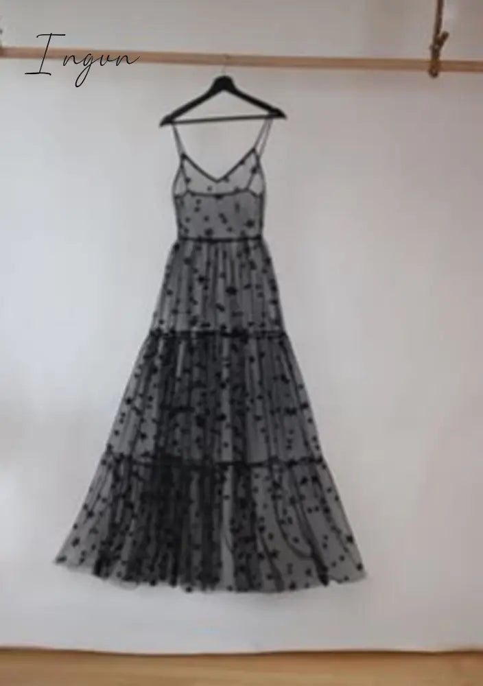 Ingvn - Elegant Spaghetti Straps Tulle Long Women Dress Fashion Bling Bling See Through Dress Sexy Fashion Hot Selling Beachwear