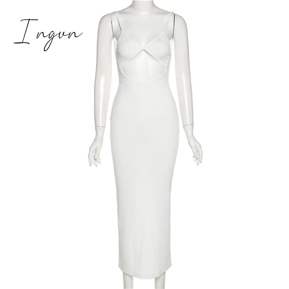 Ingvn - Summer Dresses For Women Elegant White Cut Out Maxi Dresses For Women Spaghetti Strap Backless Sexy Beach Dress Boho Long Summer Dress Party Wear