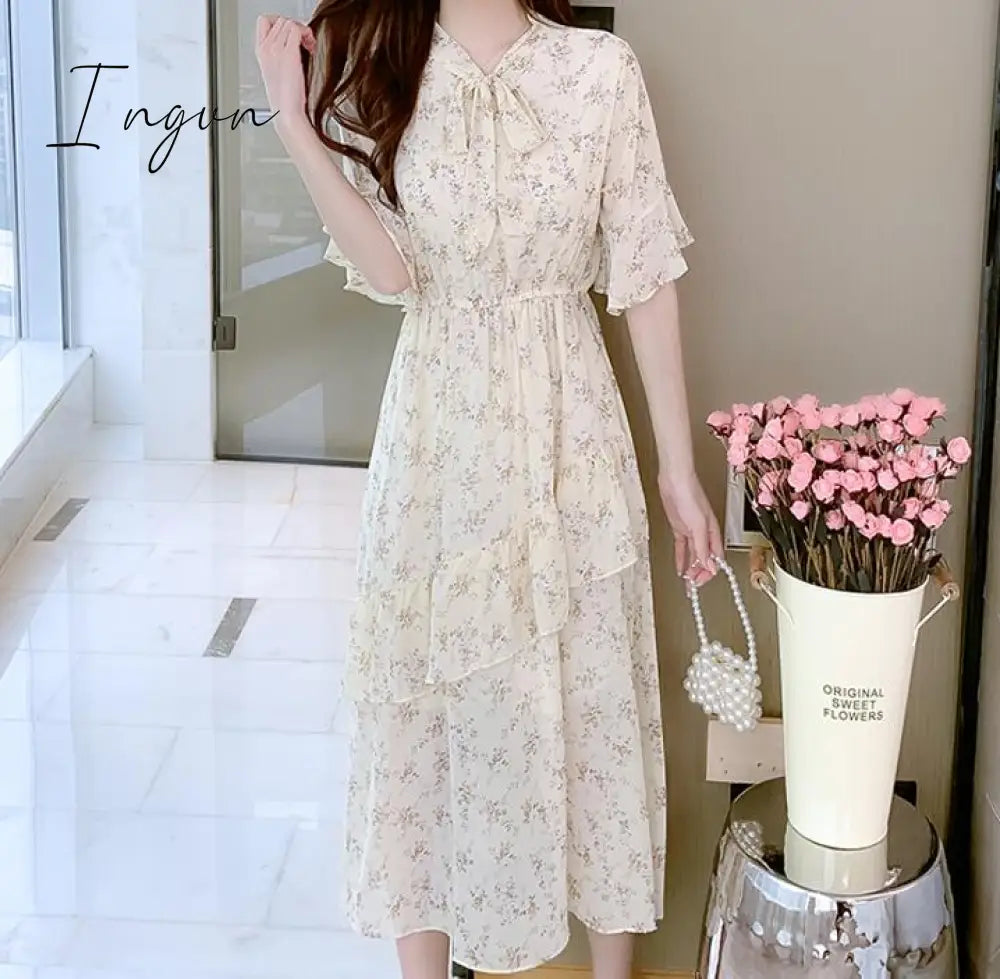 Ingvn - Women Mini Dress Spring New V-neck Floral Chiffon Dress High Waist Flare Sleeve Female Dress Woman's Dress KarolyiDora KA88
