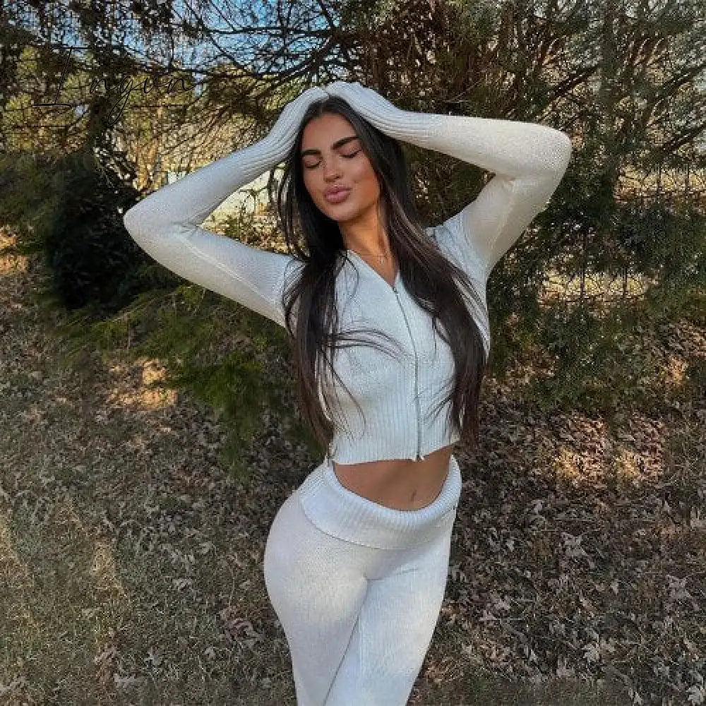 Ingvn - Spring New Hoodie Cropped Top And Pants Sets High Waist Flare Pants Suits Pink Knitted Womens Y2k Two Piece Set