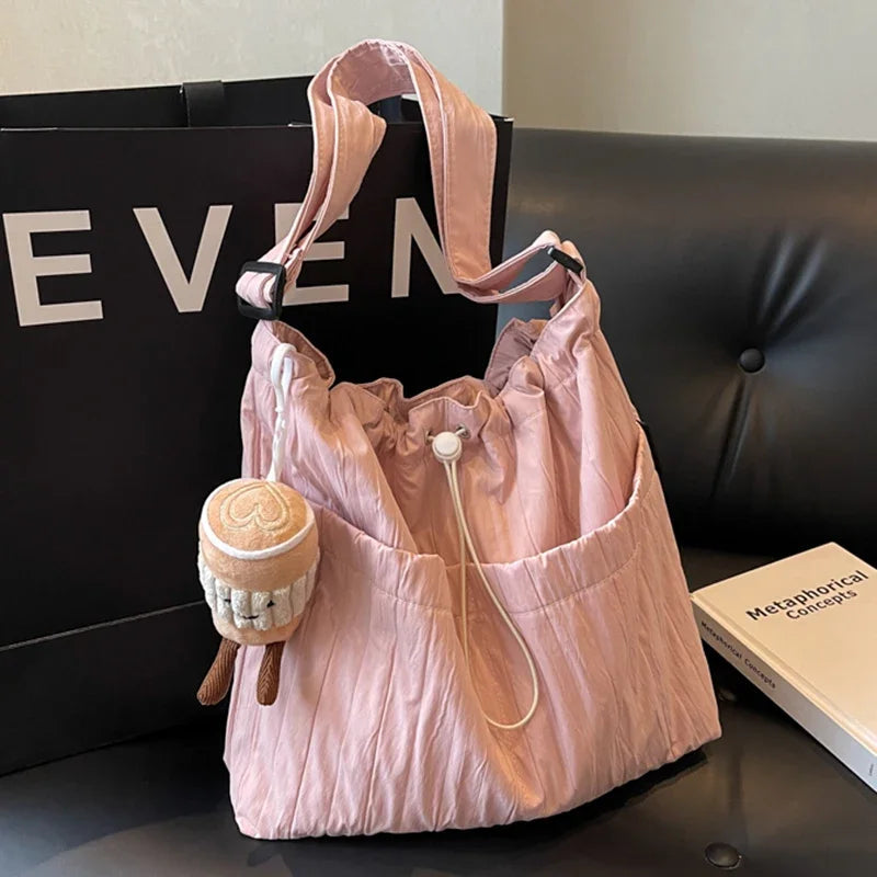 Ingvn  Simple Pleated Women's Shoulder Bag Soft Nylon Ladies Crossbody Bags Vintage Large Capacity Female Tote Drawstring Handbags