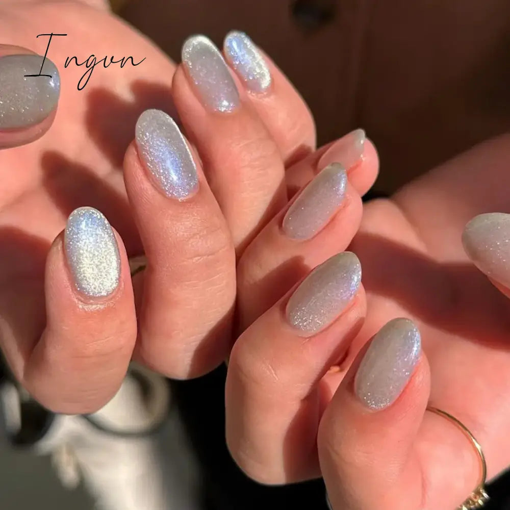 24pcs Short Glitter Purple False Nails  Almond Stiletto French Wearable Fake Nails Art Artificial Full Cover Press on Nail Tips