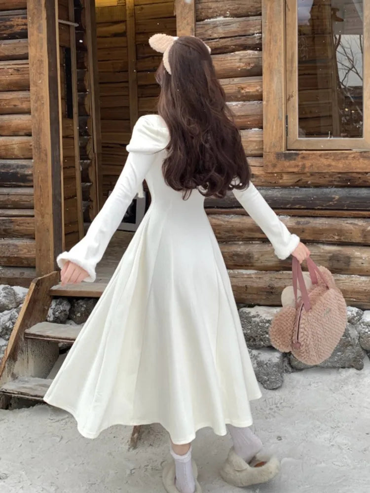 Elegant Solid Knitted Dresses for Women Korean Sweet Slash Neck Long Sleeves Princess Birthday Party Dress A-Line Vestidos Robe