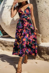 Ingvn - Sexy Print Backless V Neck Sling Dress Dresses