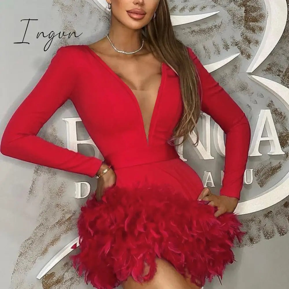 Ingvn - Deep V Neck Feather Mini Dress Women Robe Autumn New Long Sleeve Zipper Bodycon Sexy Party Evening Dresses Clothes