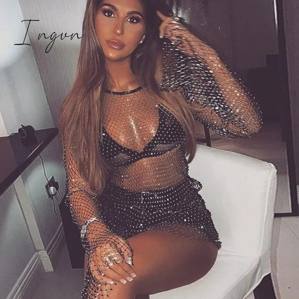 Ingvn - New Crystal Diamond Sexy Bodycon Dress Women Hollow Out Mini Dress Summer Fishnet Mesh Beach Dress Party Vestidos Ingvn