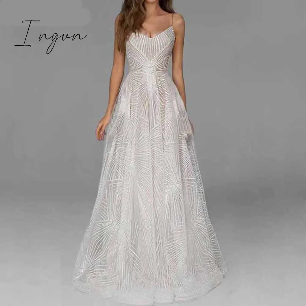Ingvn - Sexy Slip Embroidered Maxi Dresses for Women Summer Elegant Luxury Evening Wedding Guest Formal Long Party Dress White