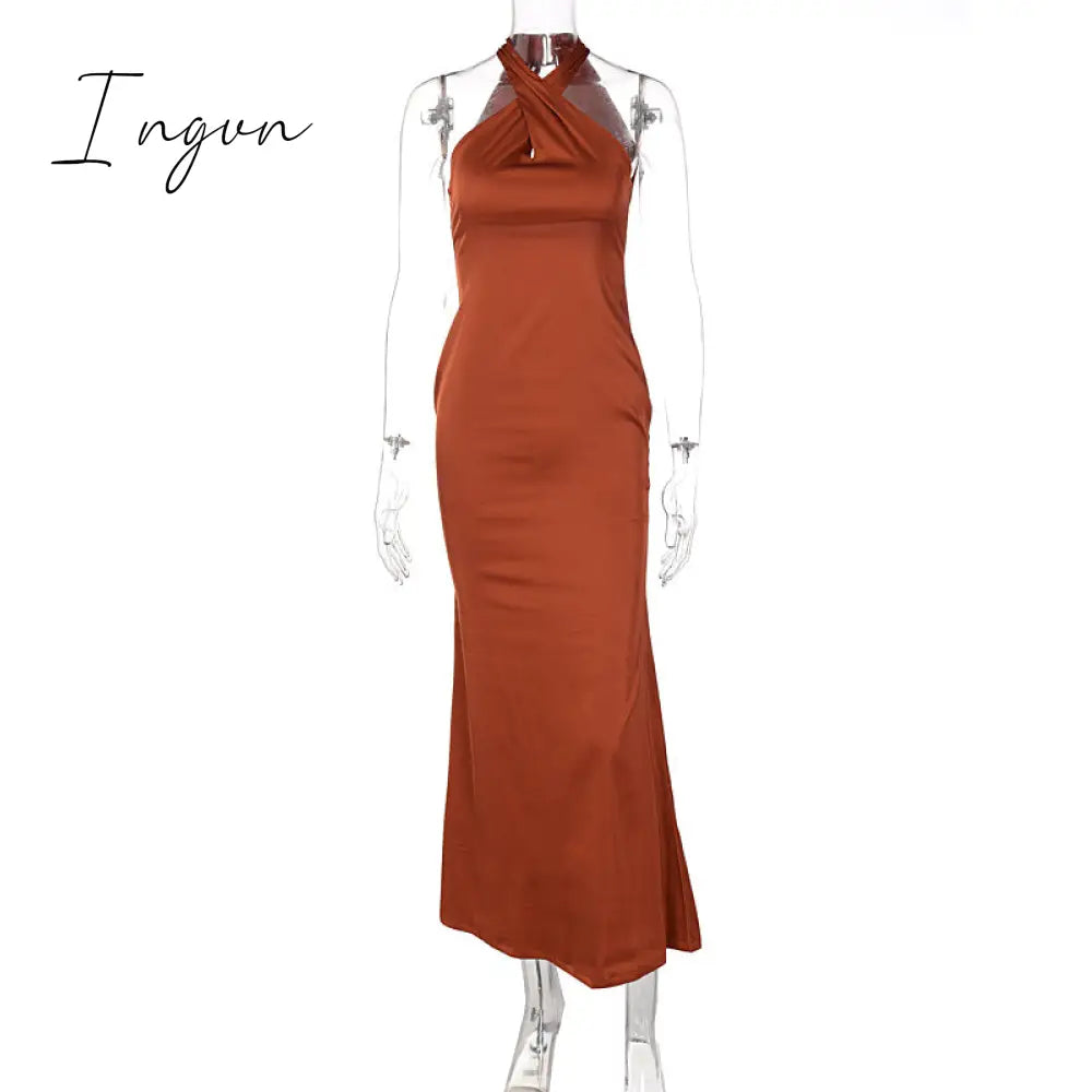 Ingvn - Sexy Satin Sleeveless Backless Elegant Party Maxi Dresses Women Summer Off Shoulder Bodycon Black Long Dress Formal Female