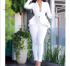 Ingvn - high quality Sexy Business Suits For Women Solid Black White Office Ladies 2 Piece Sets Scallop Design Elegant Women Suit Coat & Pants Set