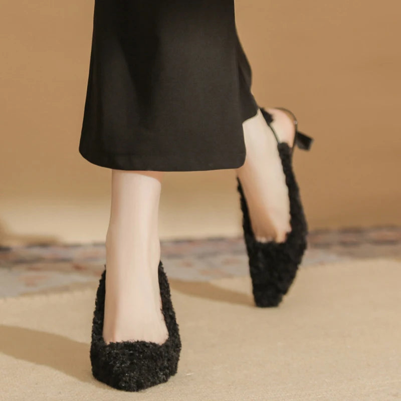 Black Fur Slingback Pumps Sandals Women Fashion Pointed Toe Shallow Slip-on Plush Pumps Ladies Elegant Evening Party Heel Shoes