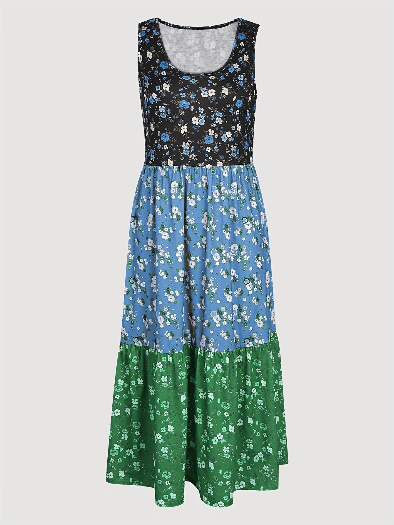 Fashionable Color Block Floral Print Tank Dress - Stylish Crew Neck, Flouncy Tiered Ruffles, Sleeveless - Versatile Casual Womens Summer Wear