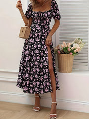 Elegant Floral Puff Sleeve Dress - Lightweight, Split Hem A-line for Spring & Summer Occasions