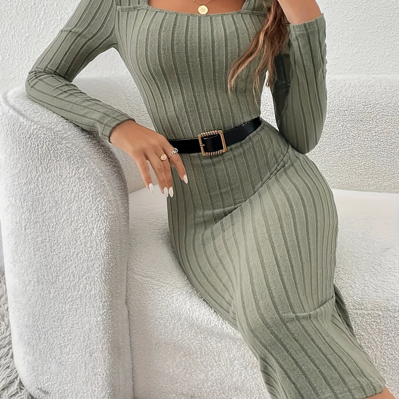 Elegant Long Sleeve Knit Dress for Women - Solid Color, Square Neck, Fitted Polyester Midi Skirt Dress, No Bra Pad, Autumn Collection