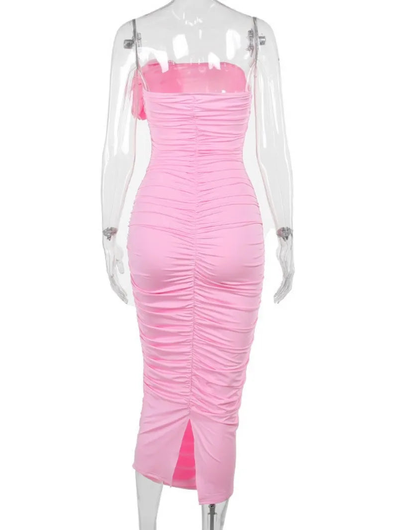 Ingvn  Elegant Womens Flower Flower Decoration Pink Dress  Sexy Strapless High Waist Tunics Shirring Slit Mid-calf Evening Dresses