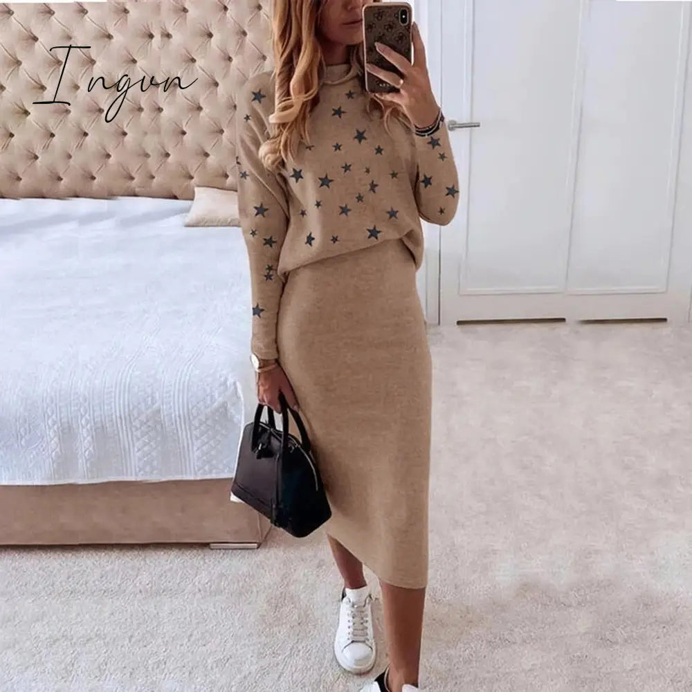 Ingvn - Women Skirts 2 Piece Set Autumn Winter Elegant Stars Print Turtleneck Sweatshirts and Slim Skirt Suits Office Lady Outfits