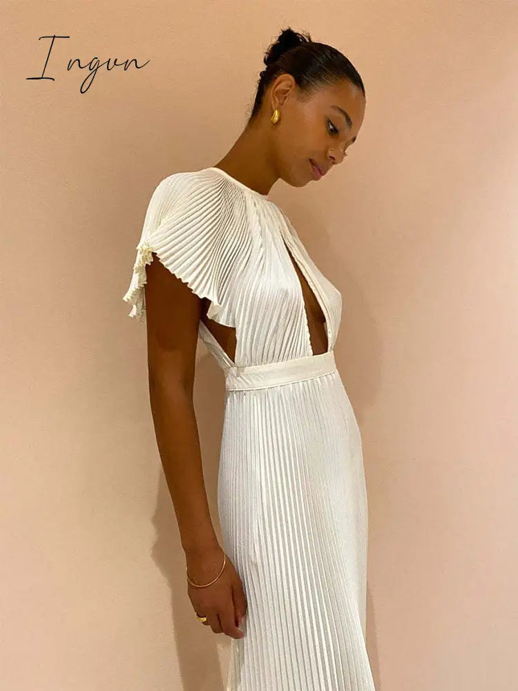Ingvn - Casual Hollow Out Pleated Dress For Women Fashion Flare Sleeve Backless A Line Dresses Spring summer O Neck Office Lady dress
