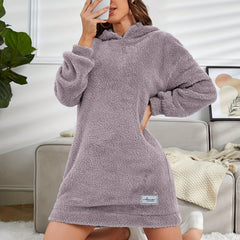 Comfortable All-Season Hooded Tunic Dress - Women's Casual Polyester, Warm and Machine-Washable, Stylish Solid Color for Easy Matching