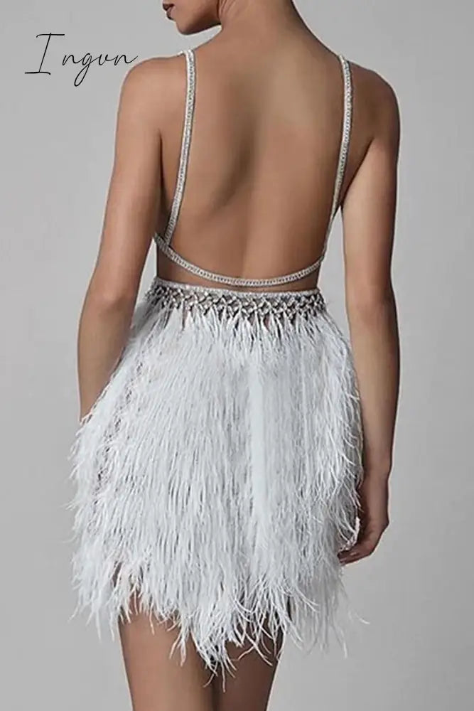 Ingvn - Sexy Party Hollowed Out Feathers V Neck Evening Dress Dresses
